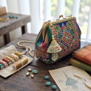 Turquoise Kundan bag charm with pearl and gold trim | Bridal accessory styling