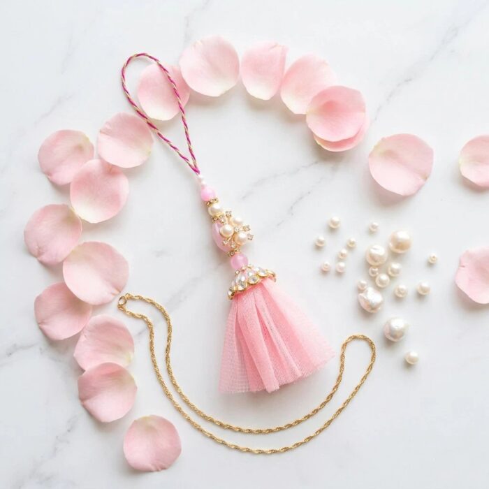 Luxury pink bag charm with pearls and crystals