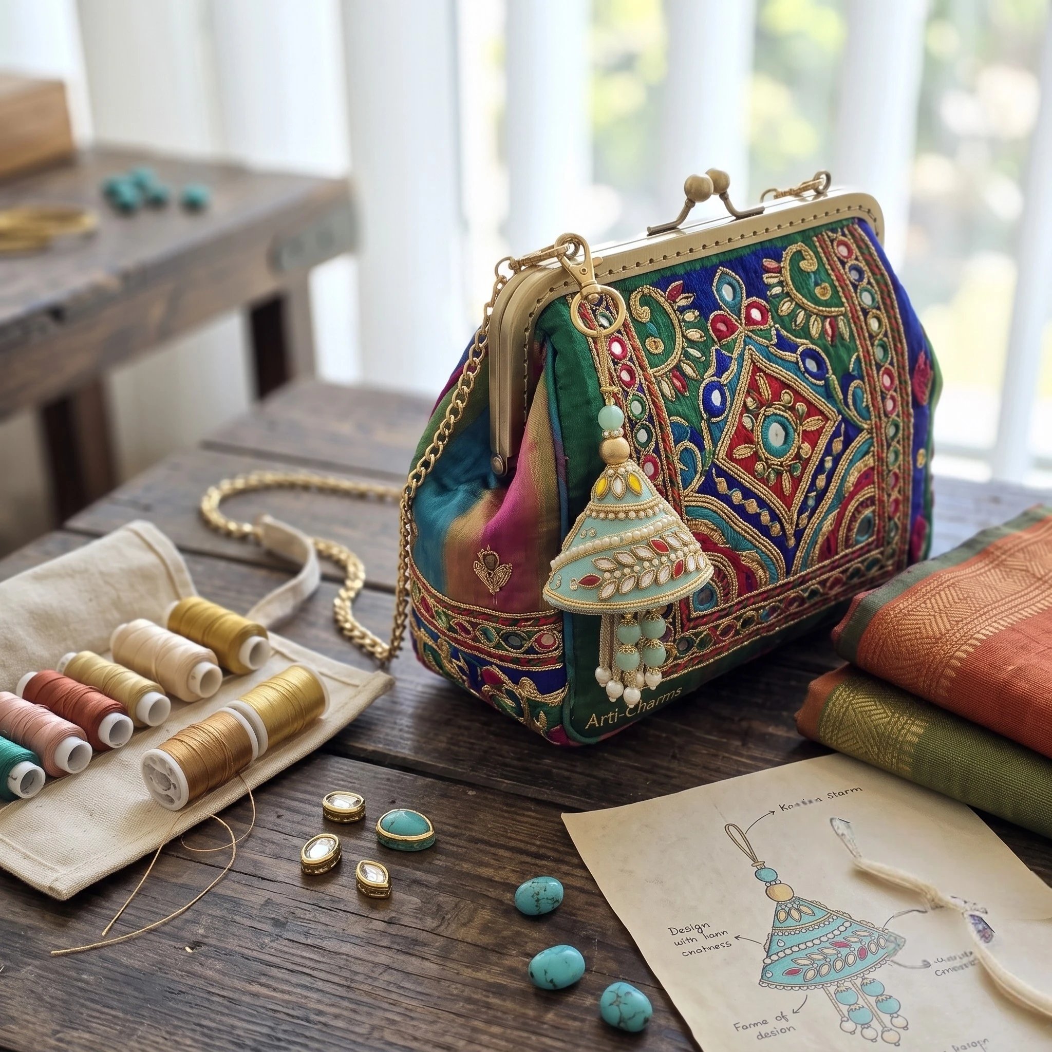 Trending Indian style Purse charm Turquoise Kundan bag charm with pearl and gold trim | Bridal accessory styling