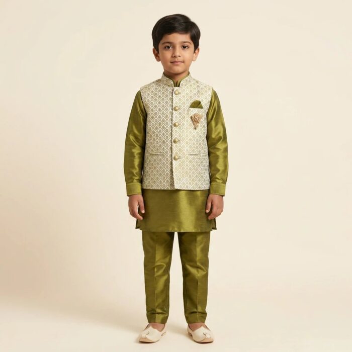 Kids Kurta Pajama Set with Koti Jacket - 8 years | 3 Pc ethnic wear - Image 7