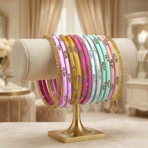 Pastel Multi color Glass Bangles with Golden stone work