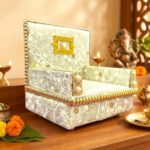 Premium Handcrafted Fabric Singhasan - White-Grey - Large with Box | Laddu Gopal Singhasan - Image 3