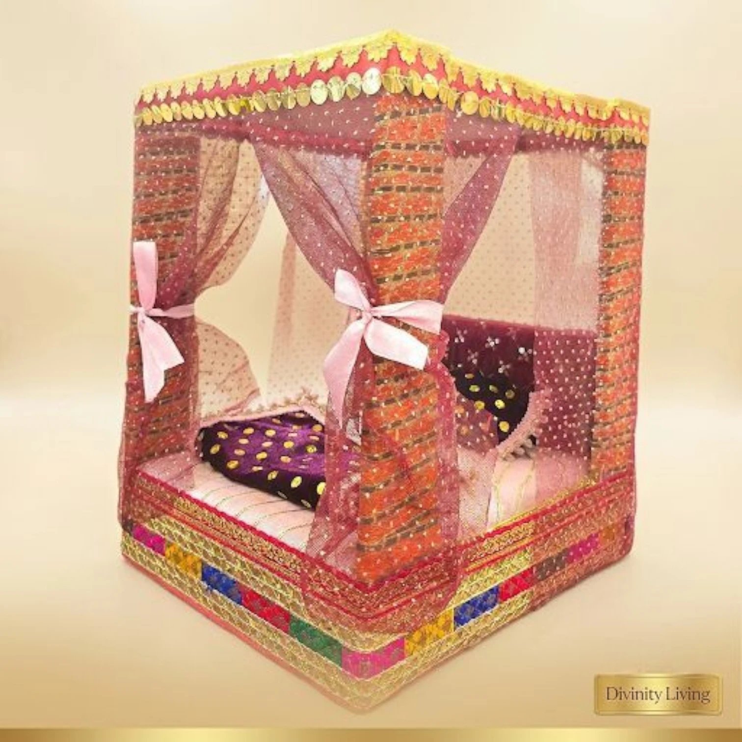 image (322).webp Royal Bed Set with Net curtains for Laddu Gopal / Kanha Ji - Large - pink - Image 1