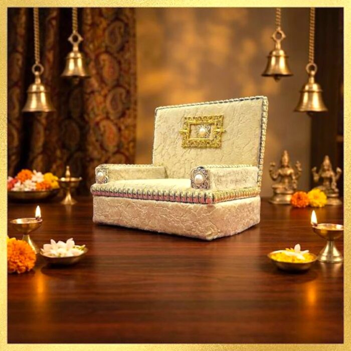 Royal Ivory Velvet Deity Singhasan with Pearl & Gold Embellishments - Image 2