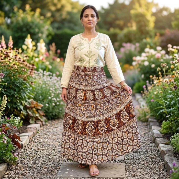 Model wearing printed Cotton long skirt in a garden