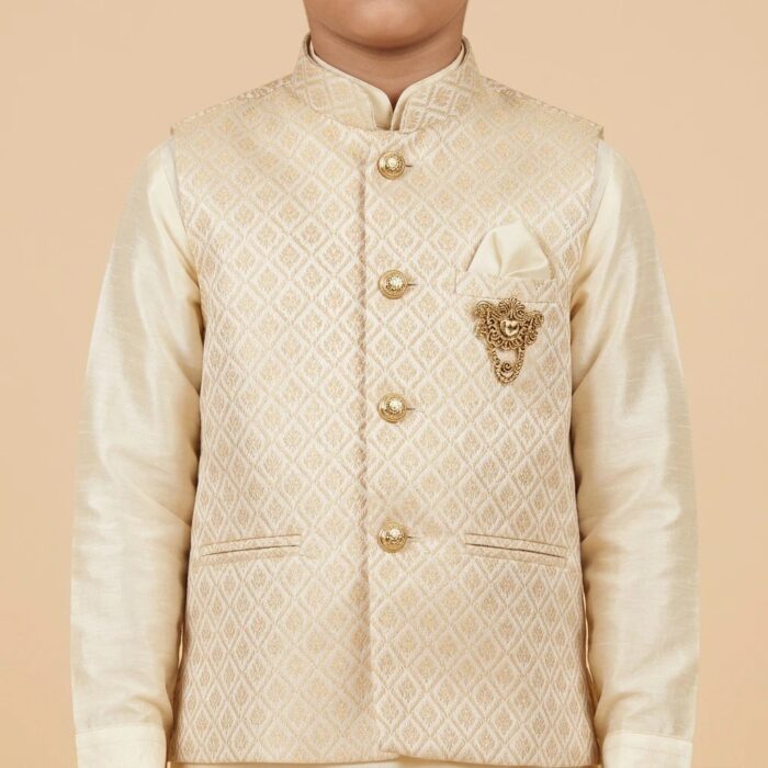 Kids Kurta Pajama Set with embroidered jacket for boys - Ivory - 8 years - Image 3