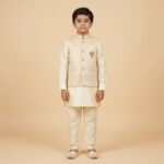 Kids Kurta Pajama Set with embroidered jacket for boys - Ivory - 8 years