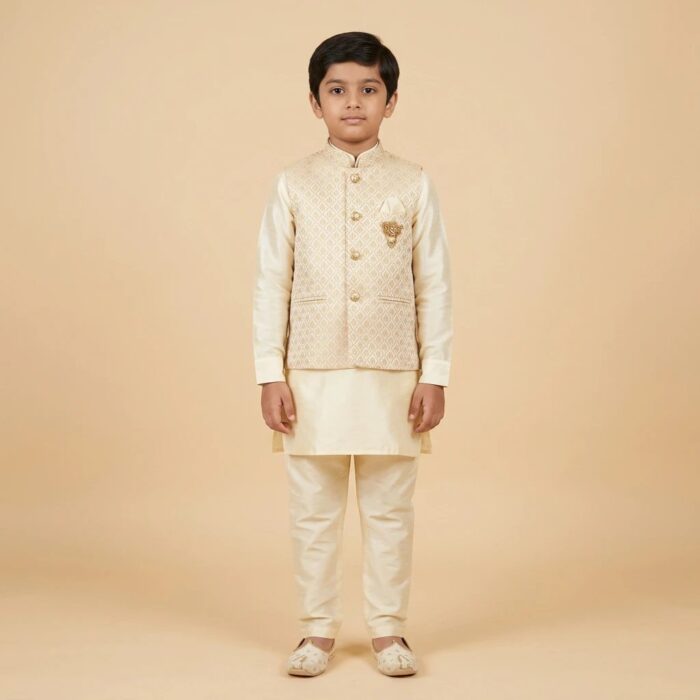 Kids Kurta Pajama Set with embroidered jacket for boys - Ivory - 8 years - Image 8