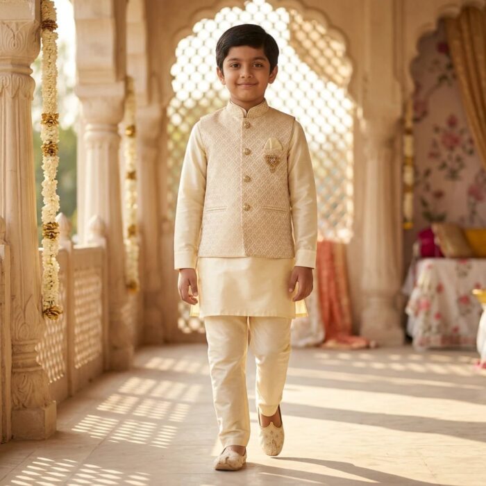 Kids Kurta Pajama Set with embroidered jacket for boys - Ivory - 8 years - Image 2