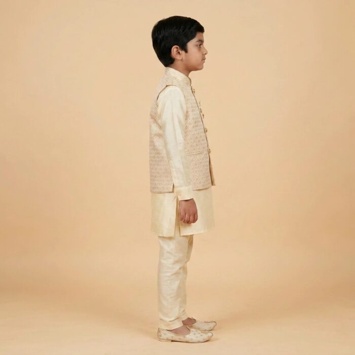 Kids Kurta Pajama Set with embroidered jacket for boys - Ivory - 8 years - Image 4