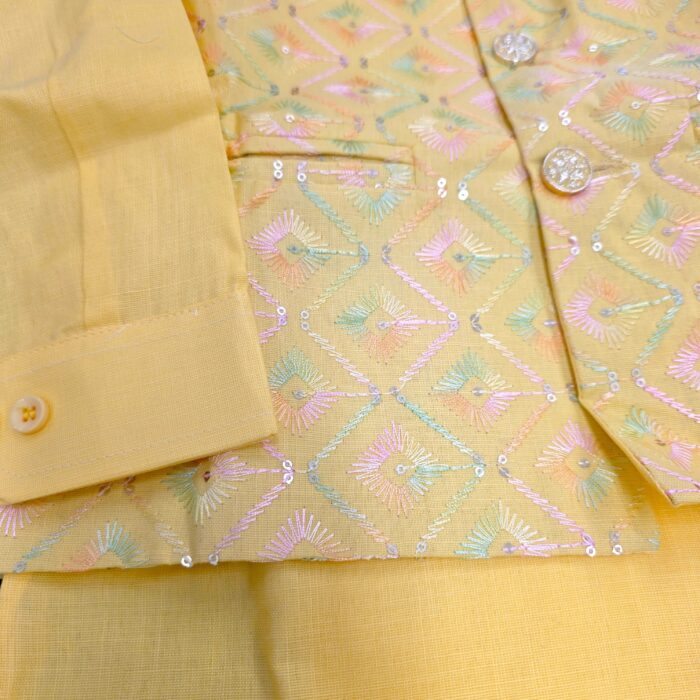 Close up of the Buttoned Cuff, Embroidered Jacket, and Kurta