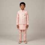 Elegant Peach Kurta set for Kids - Silk Kurta, Pajama, Jacket with embroidery