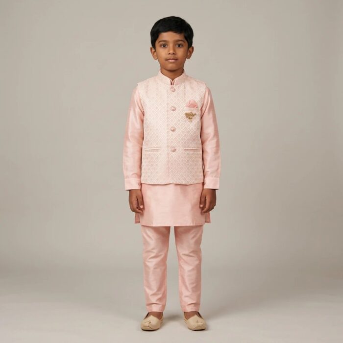 Elegant Peach Kurta set for Kids - Silk Kurta, Pajama, Jacket with embroidery