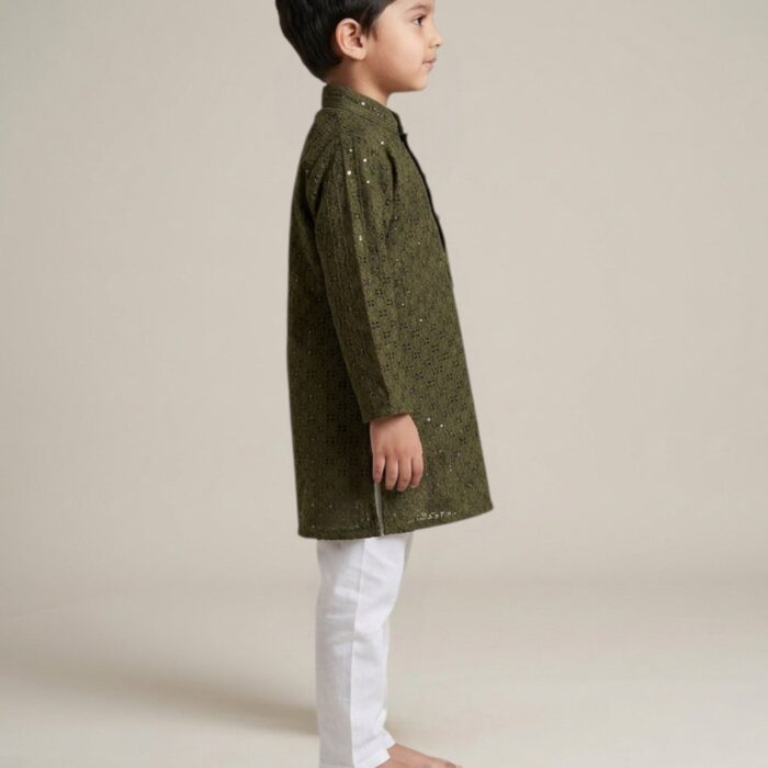 Boys Sequin Kurta with Cotton Pajama | Mehendi Green Party wear Kurta Pajama for Kids