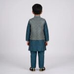 Kids Kurta Pajama Set with embroidered jacket for boys - Teal Blue - 4 years - Image 5