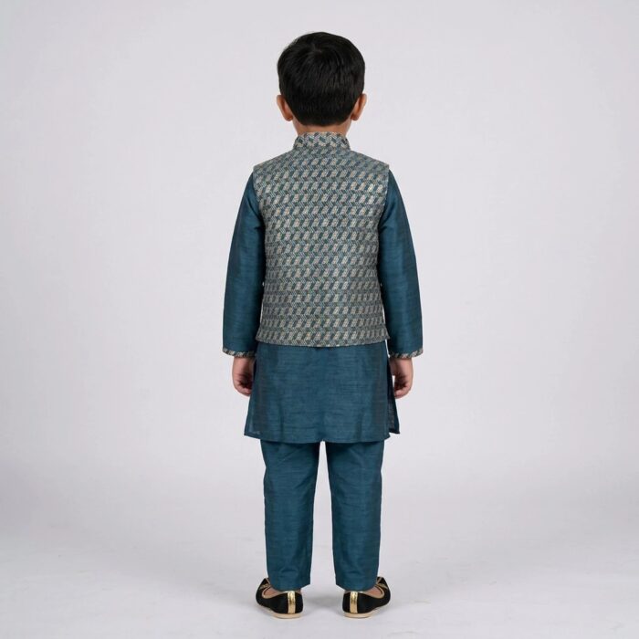 Kids Kurta Pajama Set with embroidered jacket for boys - Teal Blue - 4 years - Image 5