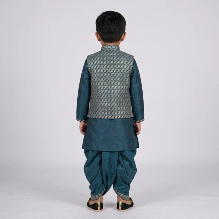 Kids Kurta Pajama Set with embroidered jacket for boys - Teal Blue - 4 years - Image 4