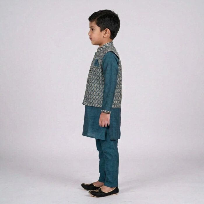 Kids Kurta Pajama Set with embroidered jacket for boys - Teal Blue - 4 years - Image 3