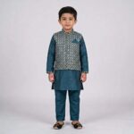 Kids Kurta Pajama Set with embroidered jacket for boys - Teal Blue - 4 years