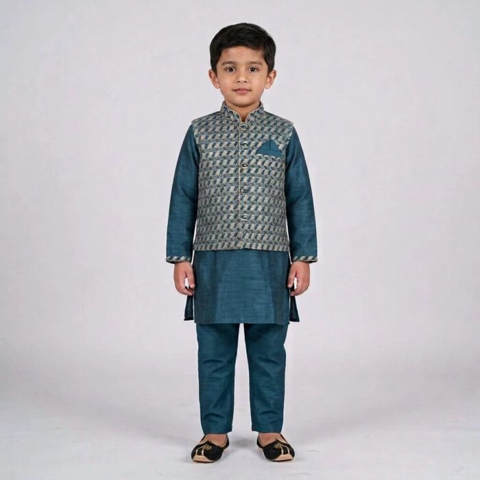 Kids Kurta Pajama Set with embroidered jacket for boys - Teal Blue - 4 years - Image 8