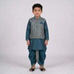 Kids Kurta Pajama Set with embroidered jacket for boys - Teal Blue - 4 years - Image 2