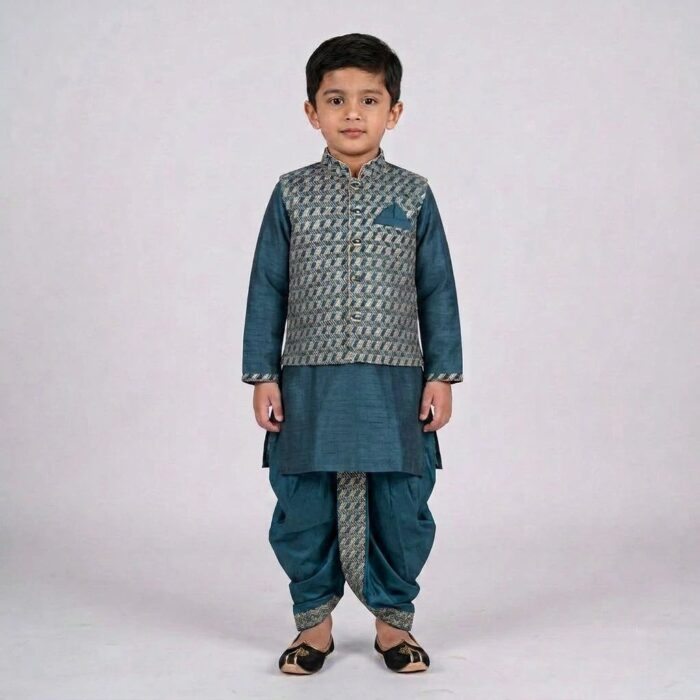 Kids Kurta Pajama Set with embroidered jacket for boys - Teal Blue - 4 years - Image 2