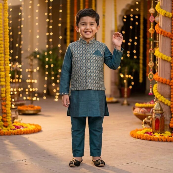 Kids Kurta Pajama Set with embroidered jacket for boys - Teal Blue - 4 years - Image 7