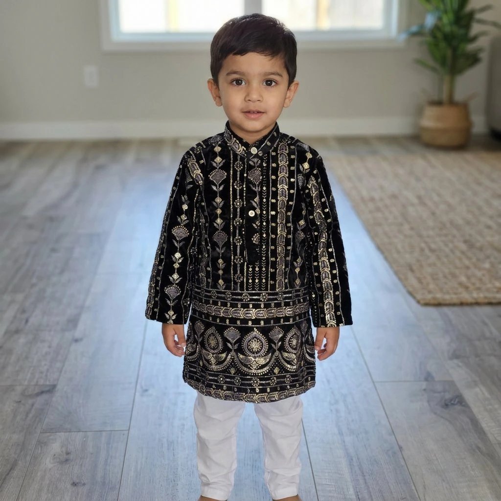Boys Velvet Sequin Kurta with Cotton Pajama Kids Velvet Kurta Pajama Set for Boys 3-4 Years