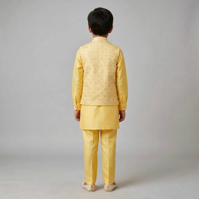 Kids Kurta Pajama Set with embroidered jacket for boys - Yellow - 8 years - Image 6