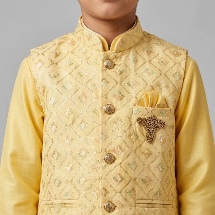 Kids Kurta Pajama Set with embroidered jacket for boys - Yellow - 8 years - Image 5