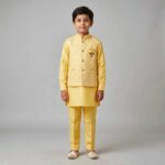 Kids Kurta Pajama Set with embroidered jacket for boys - Yellow - 8 years - Image 3