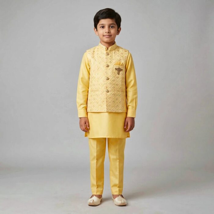 Kids Kurta Pajama Set with embroidered jacket for boys - Yellow - 8 years - Image 3