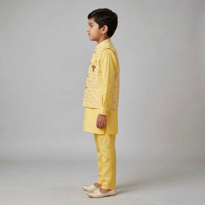 Kids Kurta Pajama Set with embroidered jacket for boys - Yellow - 8 years - Image 4