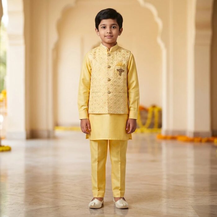 Kids Kurta Pajama Set with embroidered jacket for boys - Yellow - 8 years - Image 8