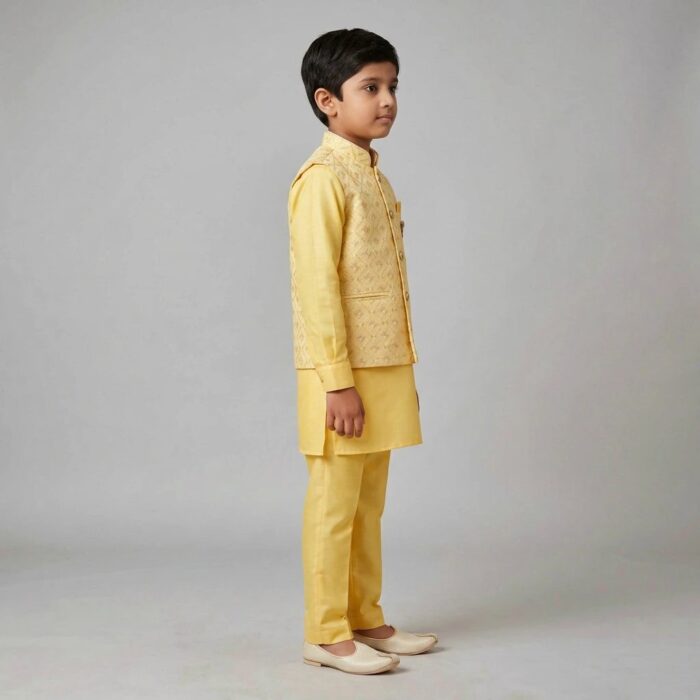 Kids Kurta Pajama Set with embroidered jacket for boys - Yellow - 8 years - Image 2
