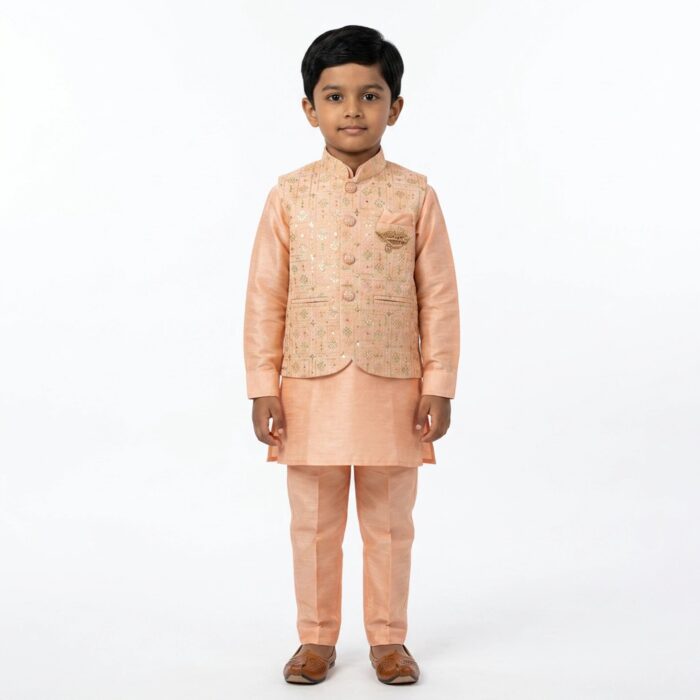 Peach Kids Kurta Pajama Set with Jacket Age 6 | 3 Pc ethnic wear