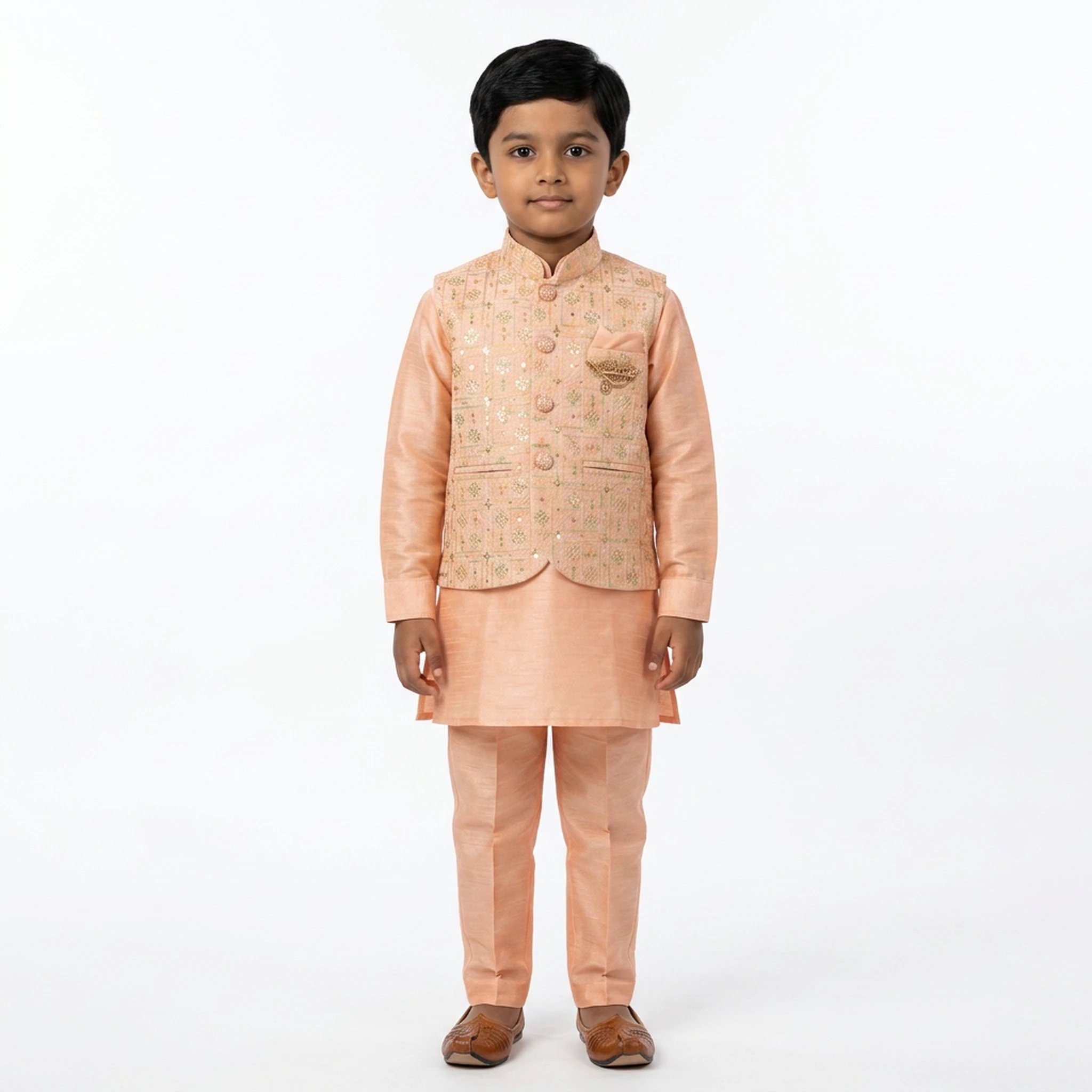 Stylish Boys Kurta Pajama with Matching Festive Jacket Peach Kids Kurta Pajama Set with Jacket Age 6 | 3 Pc ethnic wear