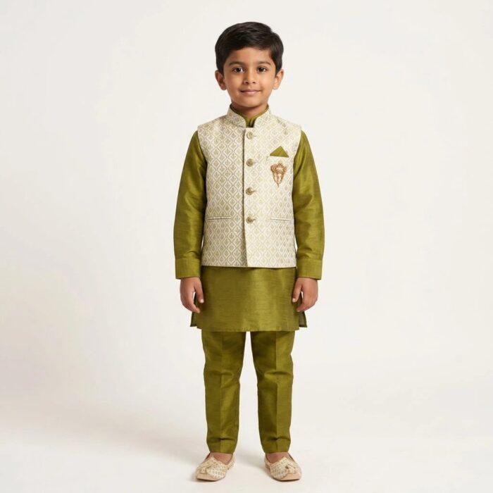 Kids Kurta Pajama Set with Koti Jacket - 6 years | 3 Pc ethnic wear - Image 7