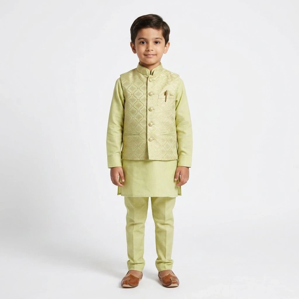 Pista Green Kids Kurta Pajama Set with Jacket Age 6 Stylish Boys Kurta Pajama with Matching Festive Jacket