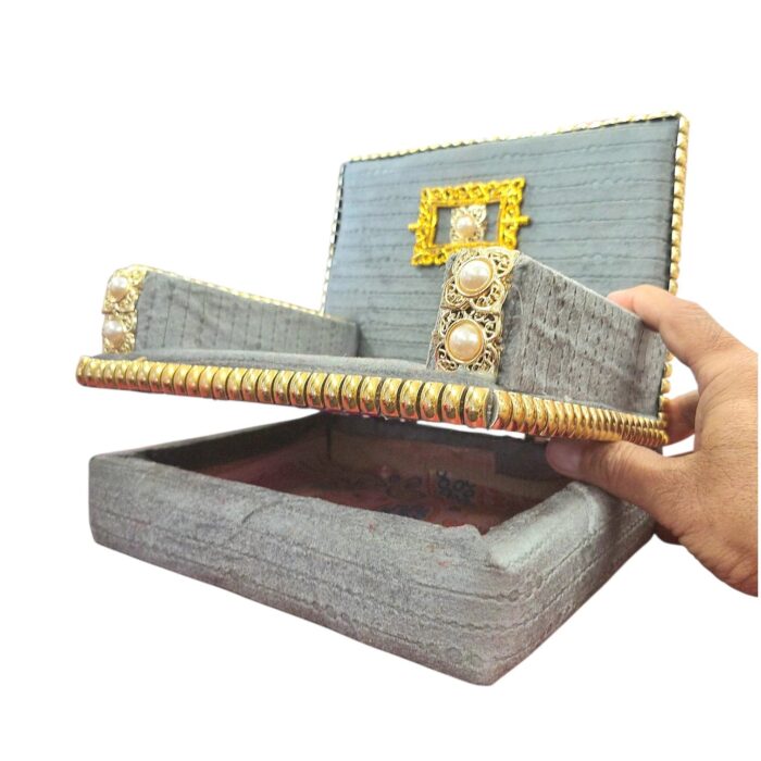 Premium Handcrafted Fabric Singhasan - Grey - Large with Box | Laddu Gopal Singhasan - Image 6