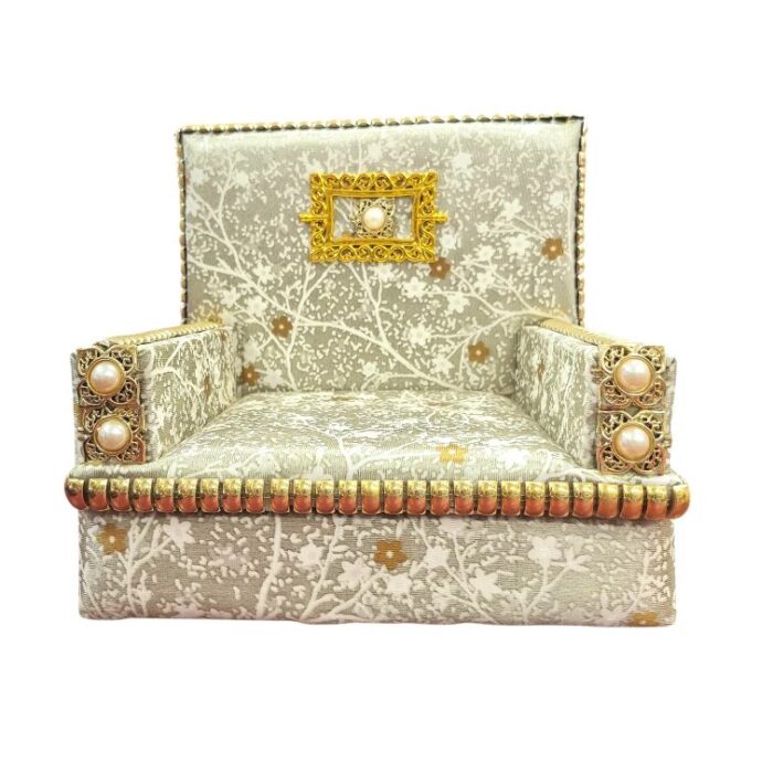 Premium Handcrafted Fabric Singhasan - White-Grey - Large with Box | Laddu Gopal Singhasan - Image 4