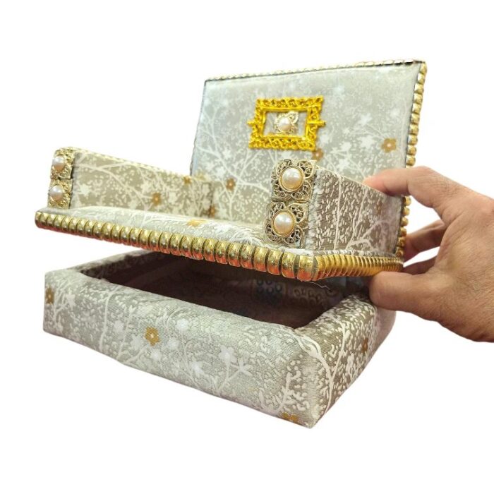 Premium Handcrafted Fabric Singhasan - White-Grey - Large with Box | Laddu Gopal Singhasan - Image 7
