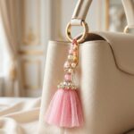 Pink tulle tassel handbag charm with gold accents hanging on cream leather purse