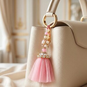 Pink tulle tassel handbag charm with gold accents hanging on cream leather purse