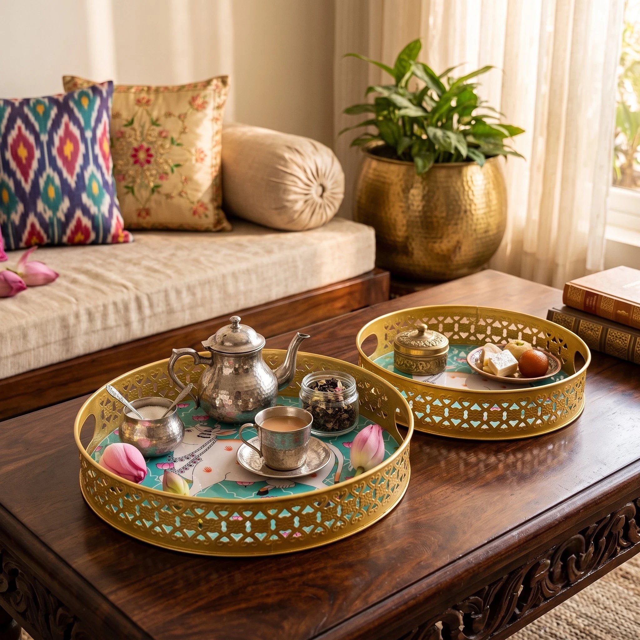 Metal serving tray set with Pichwai Art 2 Metal Pichwai artwork tray set | Diwali Gift