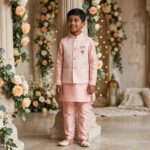 Elegant Peach Kurta set for Kids - Silk Kurta, Pajama, Jacket with embroidery