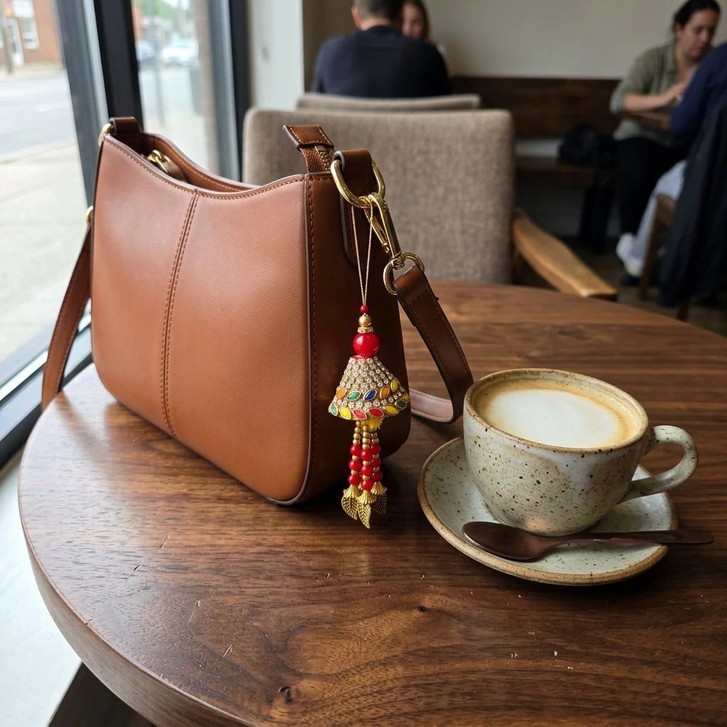 realistic_bag_charm_2_cognac_bag.webp Kundan Bag Charm | Designer Purse Accessory - Image 1