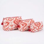 3 Pc Red Block Print Travel Pouch Set