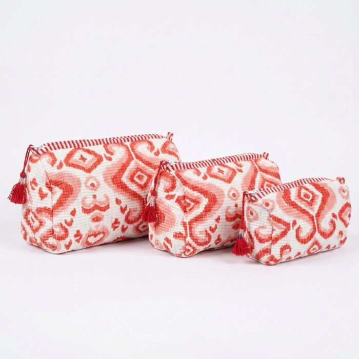 3 Pc Red Block Print Travel Pouch Set
