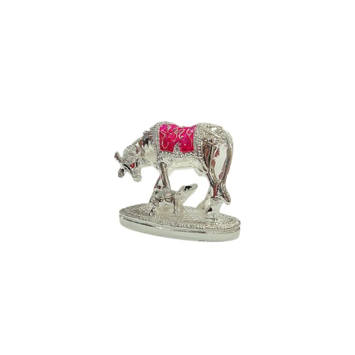 Silver Plated Small Kamdhenu - Pink - Cow and Calf - Image 5